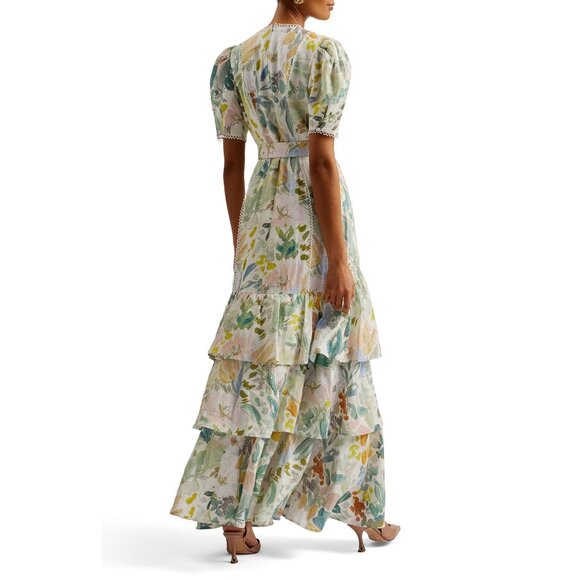 Ted Baker London Dress Sz 3 EU 40 US 6-8 Devero Floral Belted Tiered Linen Maxi - Picture 2 of 12